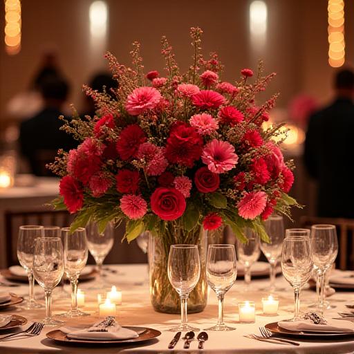 An opulent floral centerpiece on a dining table at a corporate gala.